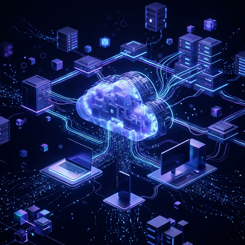 Cloud backup infrastructure visualization showing devices connected to secure cloud servers